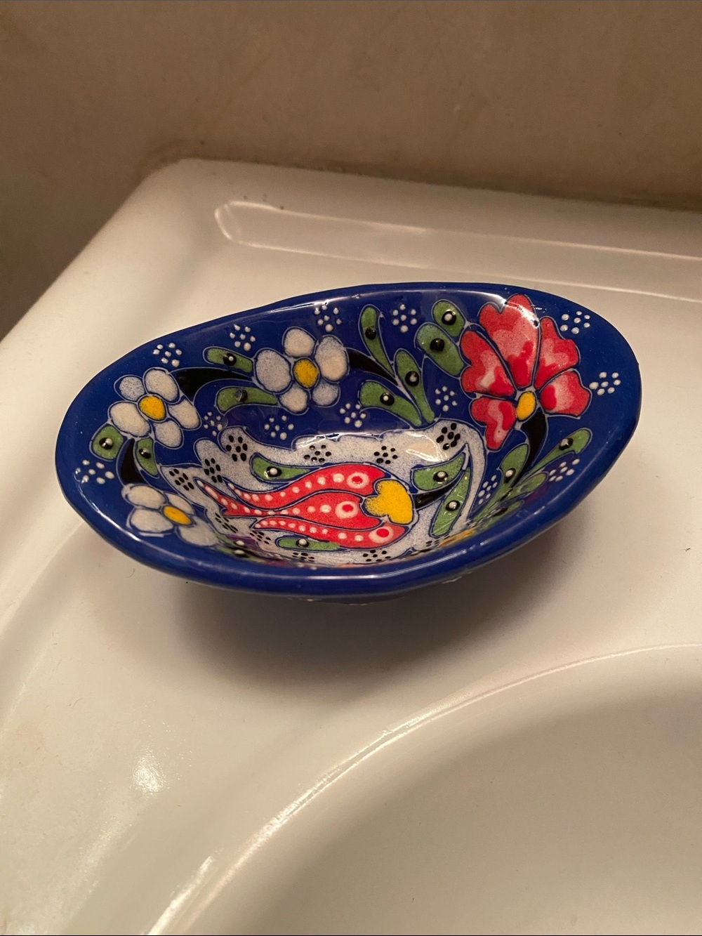 Hand-Painted Blue Floral Ceramic Turkish Bowl Trinket Dish Home Art